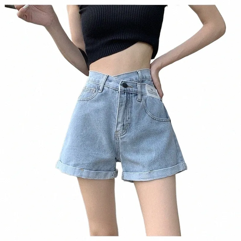 Mulheres Crossover Design A-line Perna Larga Azul Denim Shorts Street Style Jovem Capris Verão Feminino Cintura Alta Mini Jeans O6ZN #