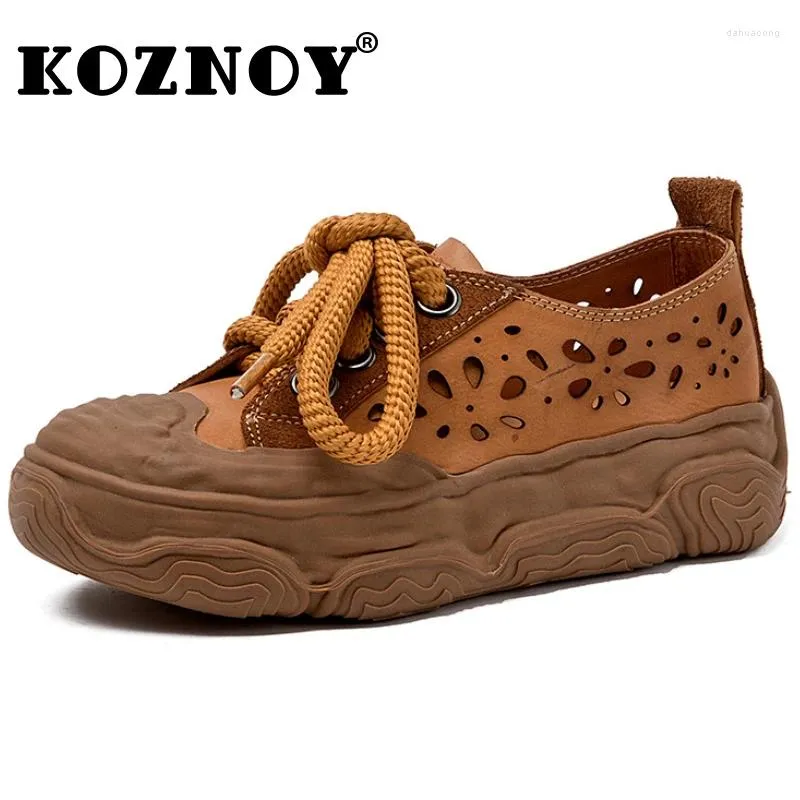 Casual Shoes Koznoy 3.5 cm Women Platform Comfy Vulcanize Sandaler Skate Boarding Chunky Sneakers Summer Cow äkta läderkil ihålig