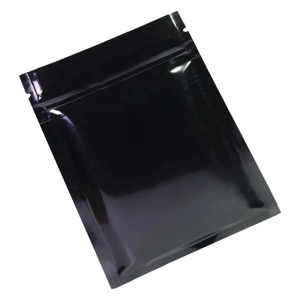 Glossy Black Aluminum Foil Zip Bag Self Seal Tear Notch Reclosable Flat Food Snack Storage Packaging Pouches