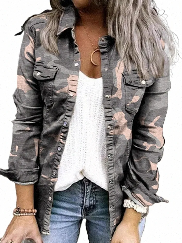 Veste femme 2022 Casual Camoue Simple Boutonnage Snap Revers Lg Manches Poche Tunique Chemise Denim Veste Teen Vintage Fi a89i #