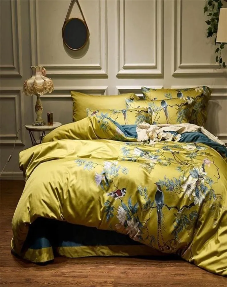 Coton égyptien soyeux style chinoiserie jaune oiseaux fleurs housse de couette drap-housse ensemble de draps King Size Queen ensemble de literie 202294154