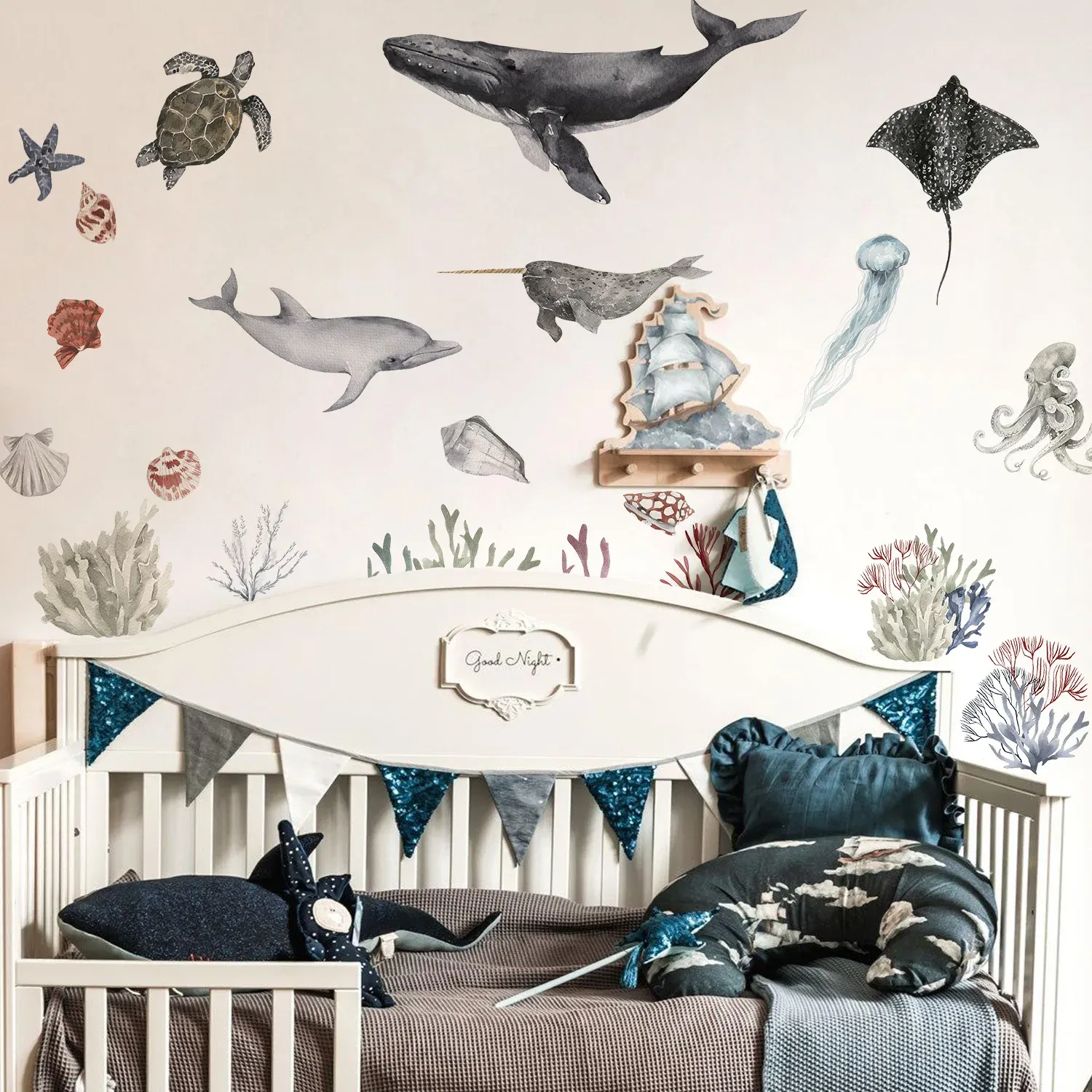 Klistermärken nordisk akvarell under vattnet värld vägg klistermärke för barn rum barnkammare selfadhesive tecknad maneter valhaj dekaler