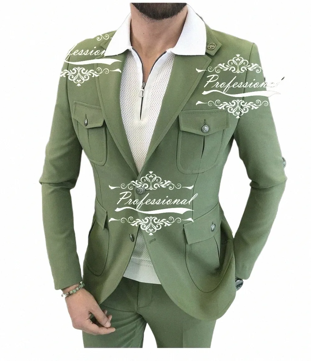 Green Men's Safari Suit Set Tailored Blazer, Trousers Coat  Luxury Social Wear with Big Stylish 2-Piece