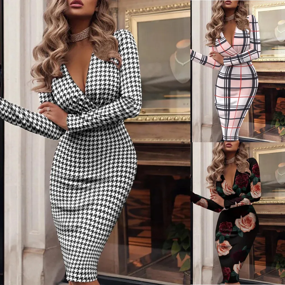 Autumn Winter Sexy Long Sleeve V-Neck Houndstooth Print Dress WomenHarajuku Plus Size Vestido Midi Bodycon Dresses For Women 240314