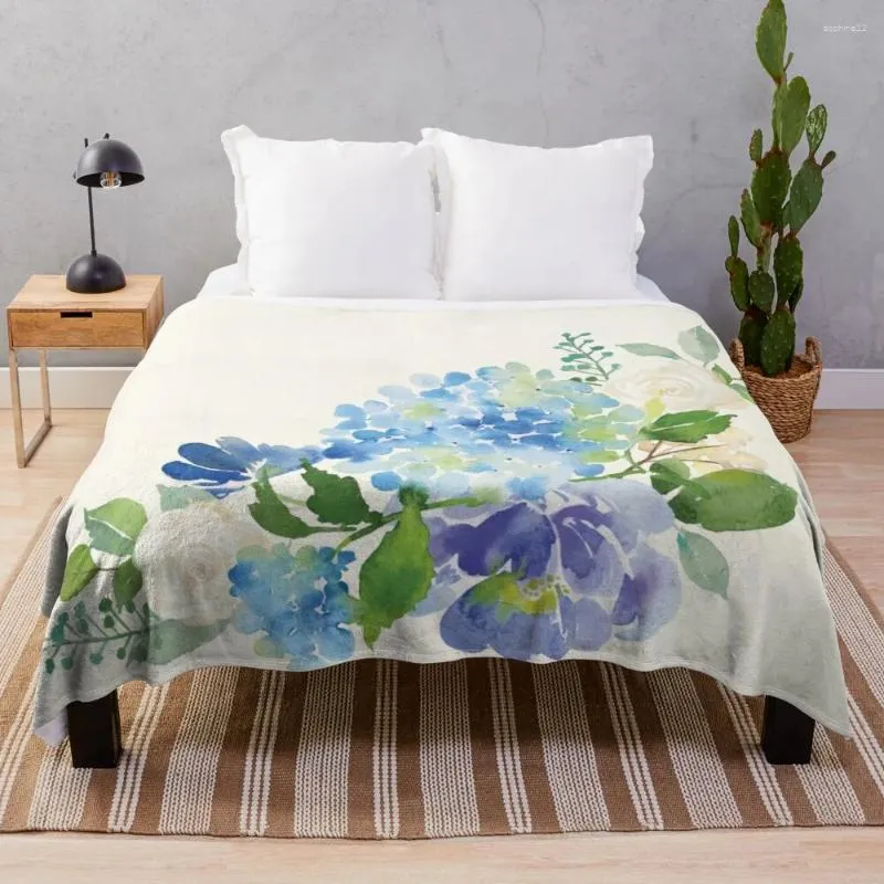 Filtar blå akvarell hortensia kast filt soffa flanell