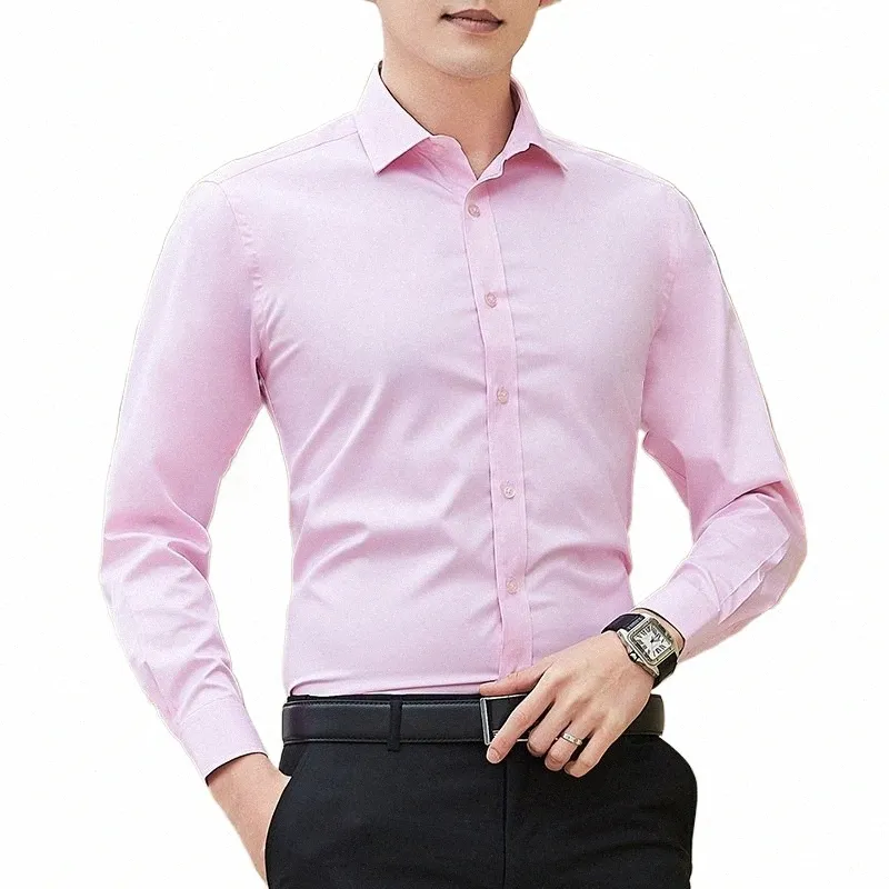 Casual marca fi camisa de manga lg masculina busin rosa branco camisa masculina tamanho grande magro cor sólida topo masculino y1aX #