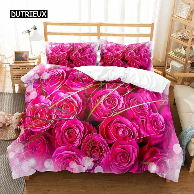 Sängkläder set rosa rose täcke omslag tvillinguppsättning för alla hjärtans dag mors blommatema dubbel kung polyester täcke