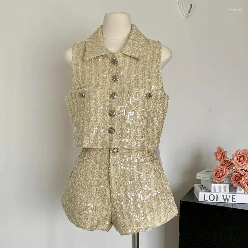 Costumes de femmes de haute qualité paillettes d'or tweed femmes costume revers gilet sans manches shorts décontracté chic violet petit parfum deux pièces