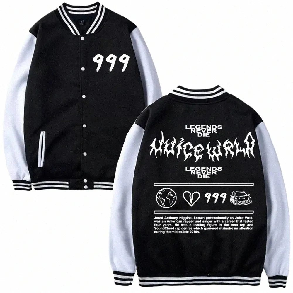 Rapper Juice WRLD 999 Men Kvinnor Trend Baseball Jacket Båt Sweatshirts Hoodie Trend Baseball Uniform Print Cardigan Clothes Tops V8p6#