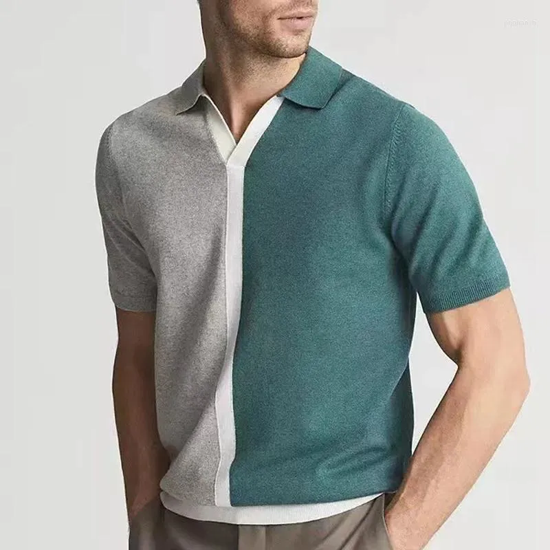 Polos masculinos homens 2024 primavera verão lapela manga curta camisa polo xadrez de malha retalhos roupas masculinas topos casuais