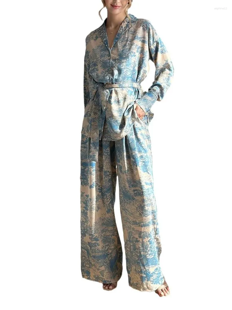 Ropa para el hogar Juegos de pijama para mujer estampado floral Botón de manga larga Camisa y pantalones Pjs Set suave ropa de dormir de 2 piezas