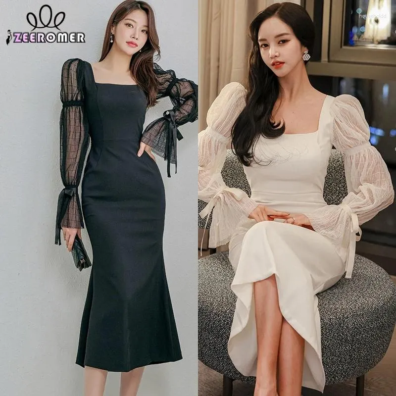 Vestidos casuais 2024 primavera coreano elegante emendado sereia vestido mulheres gola quadrada trompete manga bodycon escritório festa vestidos