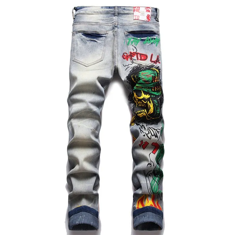 【SKULLDEOS】 Design denim pants SWOMRCMYR Men's Designer Skull Print Denim Jeans, Straight