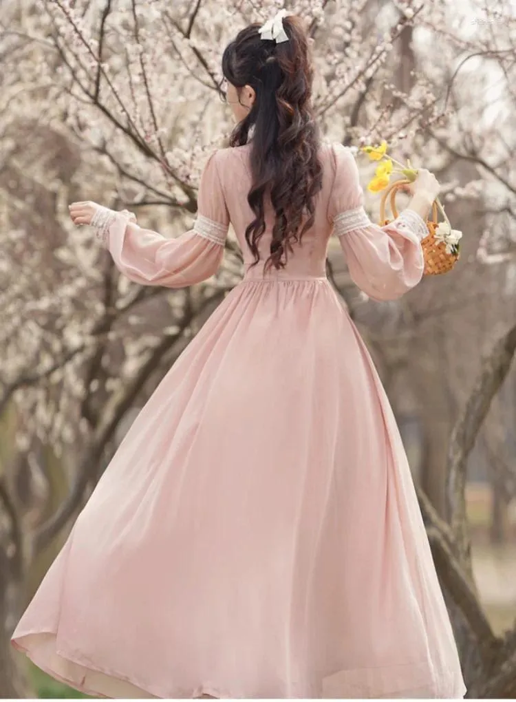 Vintage Chiffon Dress for Women Mid-Calf Length Lantern Sleeve Empire Waist  Lace Detail from Dhgate Basic & Casual Dresses