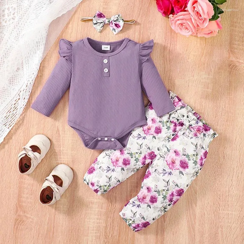 Kläderuppsättningar födda kläder Baby Girl Långärmlig ruffle Romper Pants Set Floral Print Leggings Spädbarn Vinterkläder