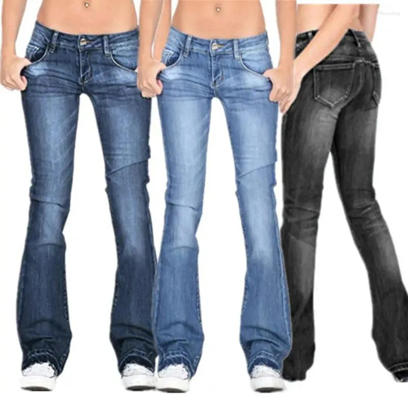 Jeans pour femmes pantalon élastique en denim élégant au milieu de la taille évasée avec des poches de couleur dégradés slim fit rétro chic dame long pour un