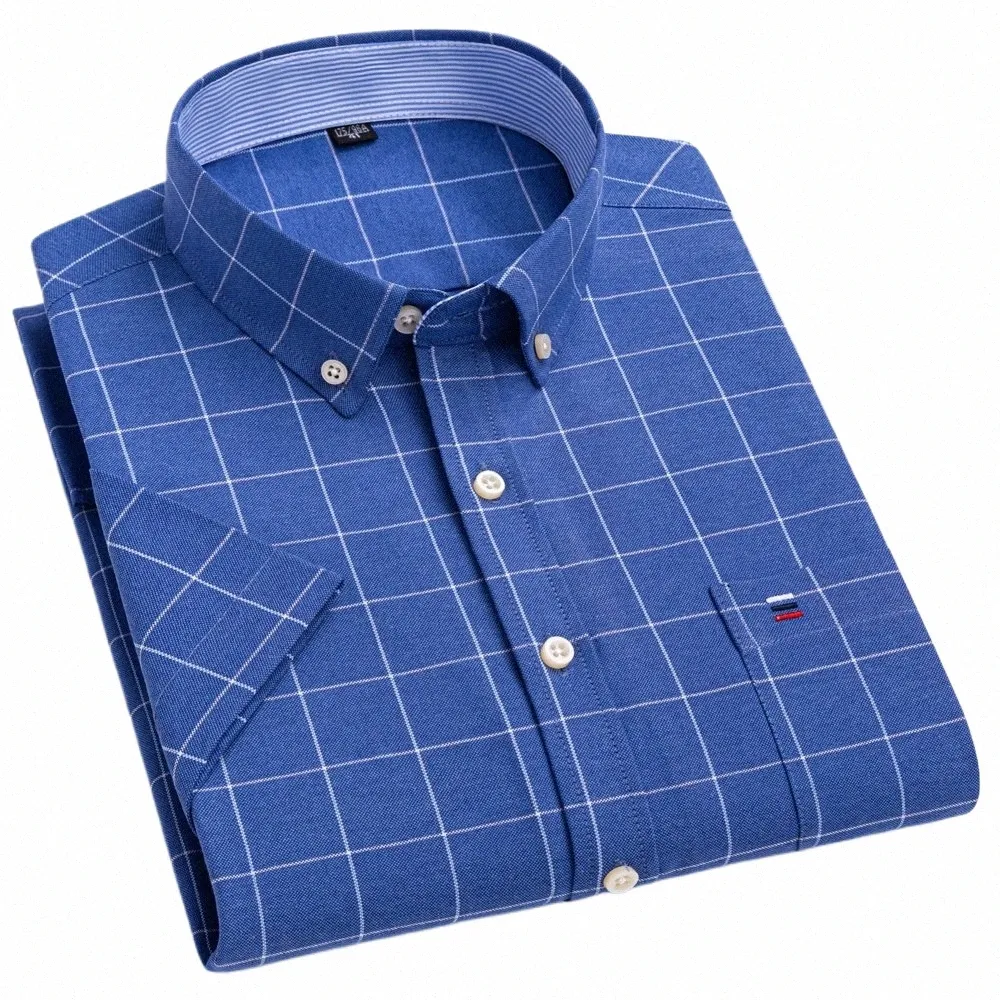 Chemise Oxford polyvalente à manches courtes pour hommes, avec poche poitrine unique, coupe régulière, confortable, à carreaux, rayée, décontractée, 03zR #