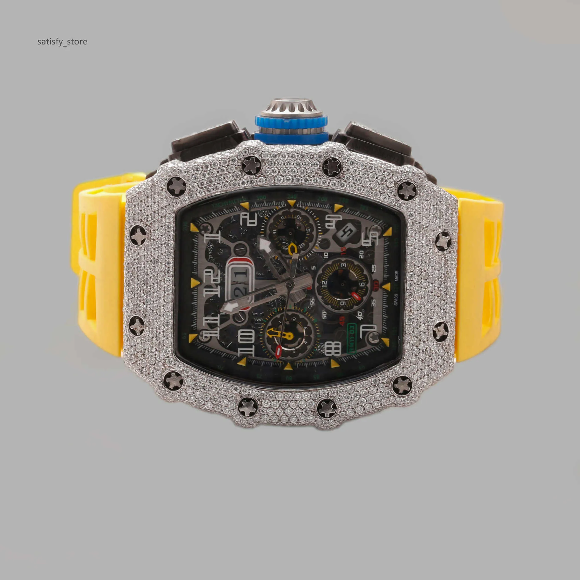 Orologio da uomo ETA o movimento giapponese VVS Moissanite / Orologio meccanico enorme completamente ghiacciato con cinturino in caucciù GIALLO