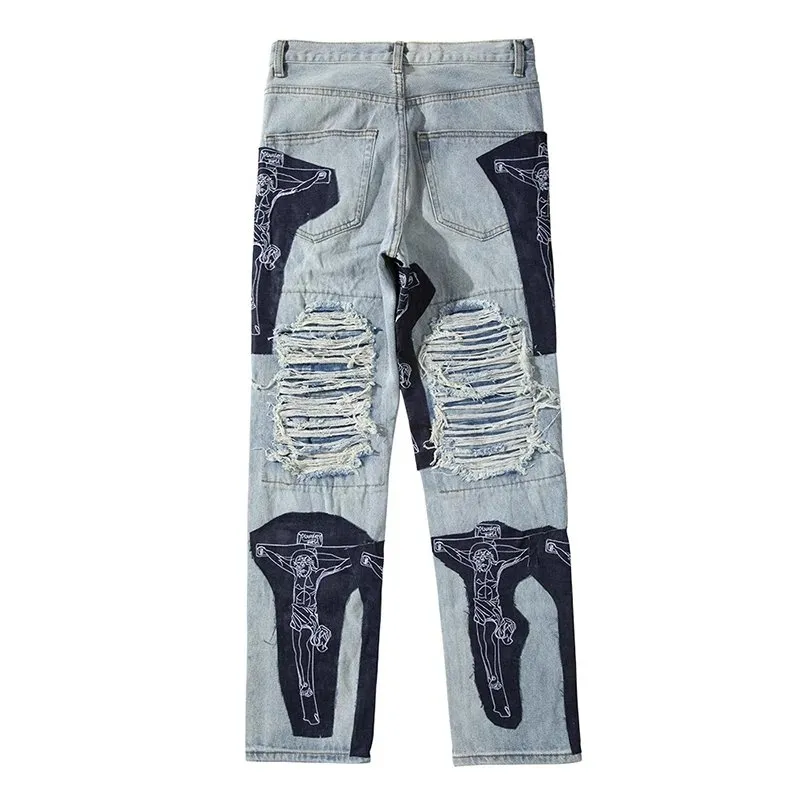 DHgate.com:Mens Fringe Jeans with Jesus Cross Embroidery