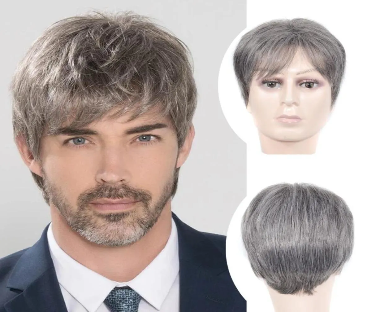 Fancied Hair Short Silver Gray Synthetic Hair Wig Mens 남성 양털 현실적인 Wigs3585609