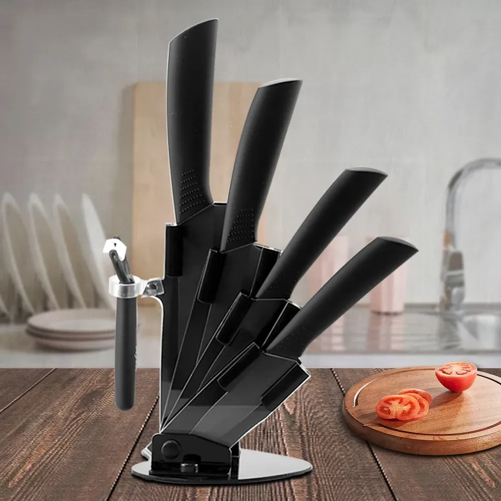 Ensemble de couteaux en céramique artisanaux avec support + éplucheur 3 "paring 4" 5 "tranchage 6" couteaux de cuisine de chef avec support lame noire multifonctionnelle