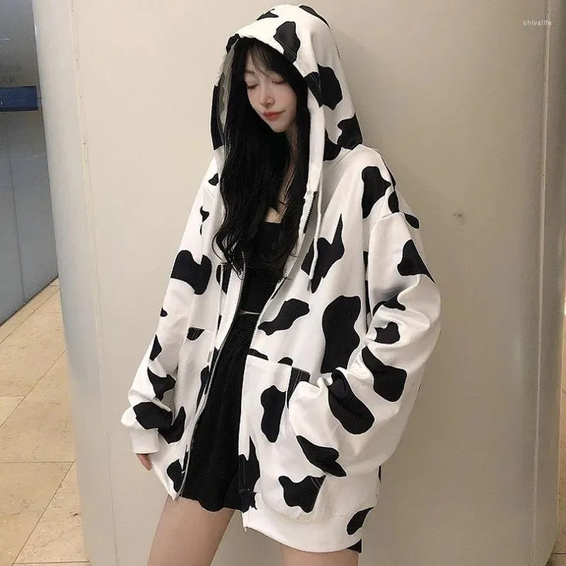 Sweats à capuche pour femmes Harajuku Y2k surdimensionné fermeture éclair lait de vache mode coréenne Kpop Streetwear zippé sweat à capuche femmes 2024 automne