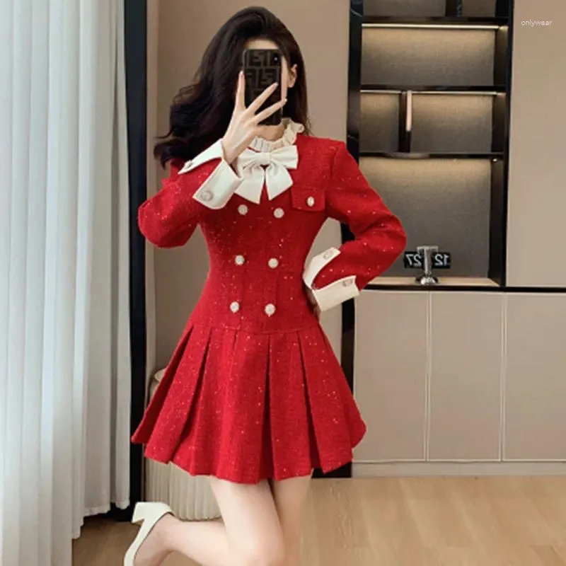 Casual Kleider Hochwertige Mode Runway Frauen Tweed Kleid Herbst Koreanische Süße Bogen Schlanke Taille Elegante Mini Plissee Weibliche Kleidung