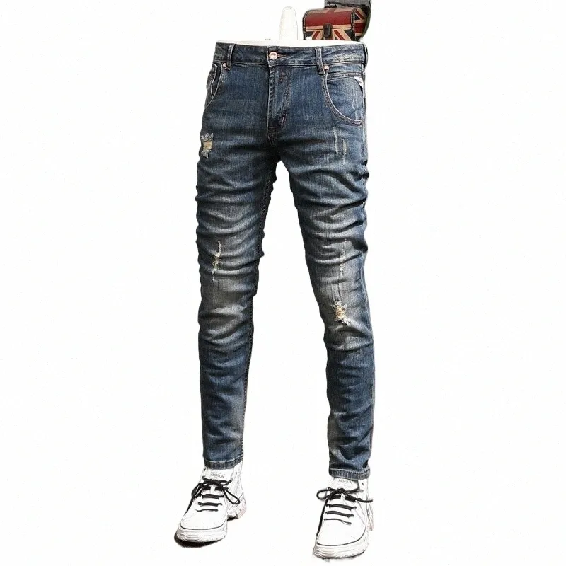 italiensk stil fi män jeans retro ons blå elastisk smal fit rippade jeans män byxor vintage designer denim byxor hombre c8nk#