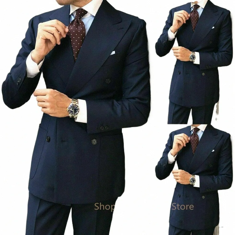 casual Busin Navy Blue Mens Suits Slim Fit 2 Piece Jacket Pants Set For Groom Wedding Tuxedo Formal Office Wear Costume Homme N382#