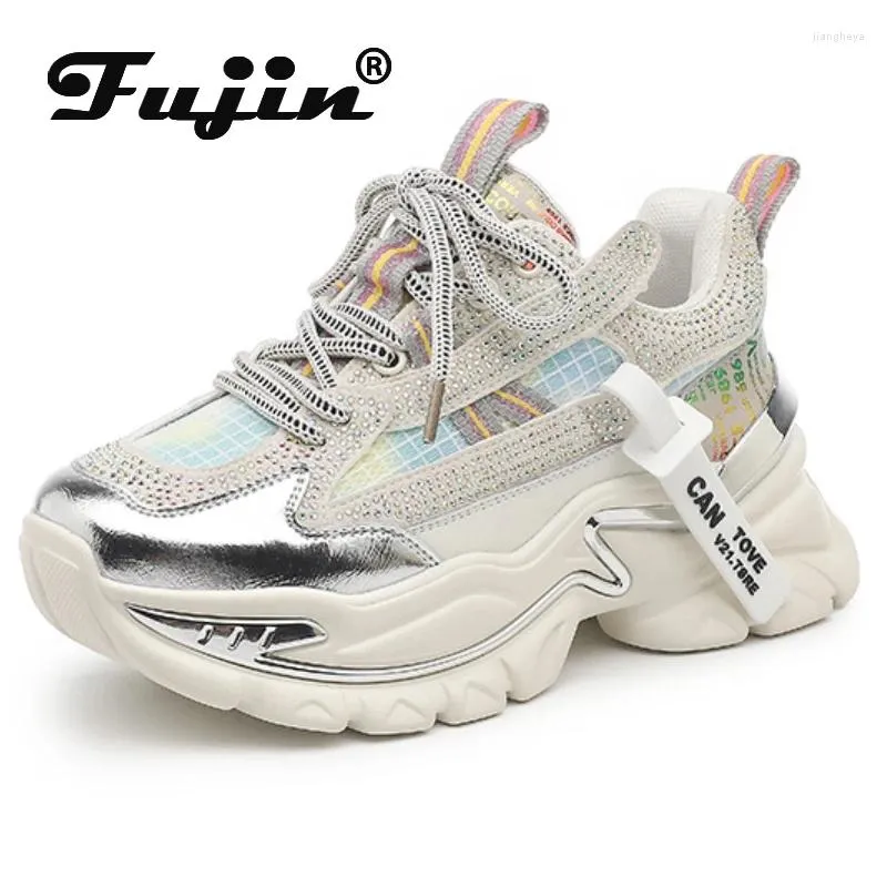 Casual skor fujin 5cm äkta läder strass bling chunky sneakers vår sommar höst andas plattform kil kvinnor mode