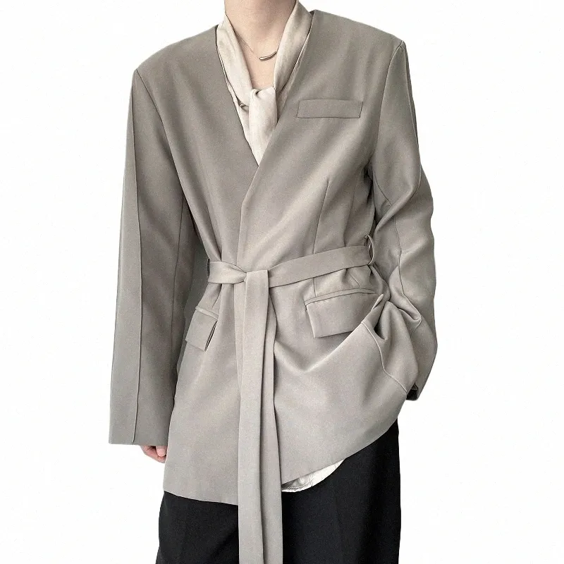 2022 Autumn Korean Style Persnalized Collar Design Suit Men Casual Loose Lace Black Blazers For Men M-XL X0VQ#