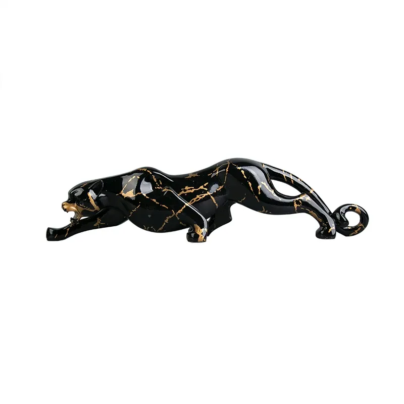 Sculture Creative Black Gold Leopard Animal Statue Wild Power Artigianato Decori per la casa Ornamenti per desktop da ufficio Figurine di pantera oscura Regalo