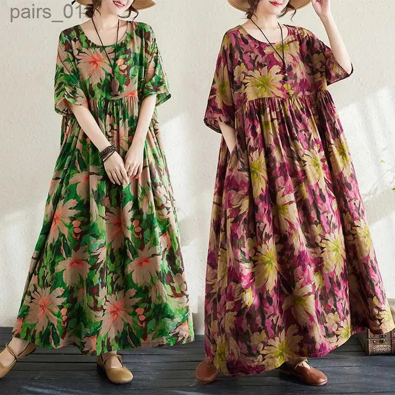 Podstawowe sukienki swobodne 2024 NOWOŚĆ Przyjazdu Summer Arts Style Kobiety luźne kwiaty w stylu vintage Drukuj O-Neck krótkie kostkę