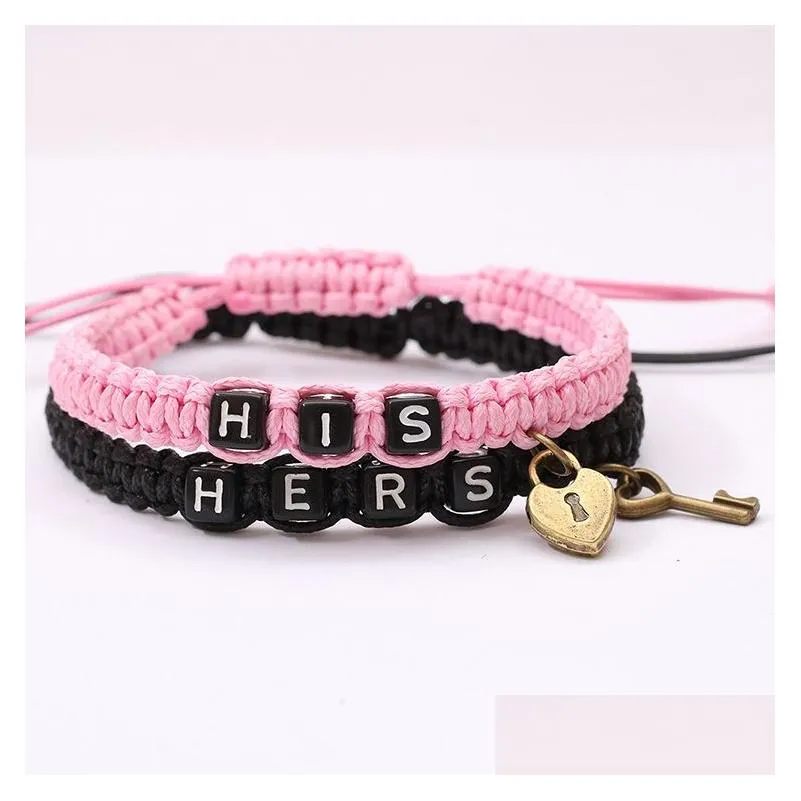 Charm Bracelets 2Pcs/Lot New Hers And His Letter Lovers For Women Men Vintage Key Lock Braided Rope Bangle Fashion Couple Drop Delive Dh097