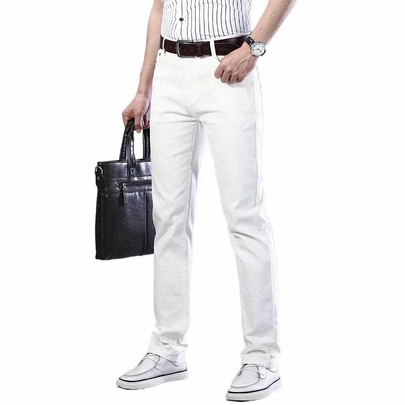 Klassisk stil mäns svarta jeans FI Casual Busin Straight Stretch Denim Trousers Mane Brand Pants White Khaki Z075#
