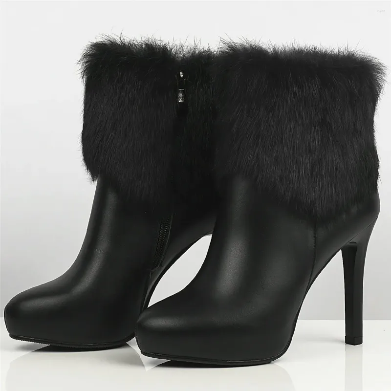 Dress Shoes Winter Warm Fur Women Genuine Leather Thin High Heels Platform Pumps Female Top Round Toe Ankle Boots