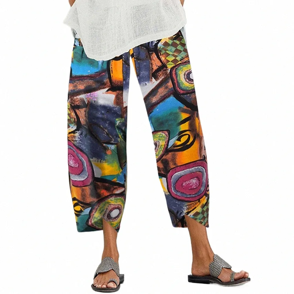 Pantalon sarouel en lin Cott imprimé Boho pour femmes, décontracté, Baggy d'été, grande taille, D8jk #