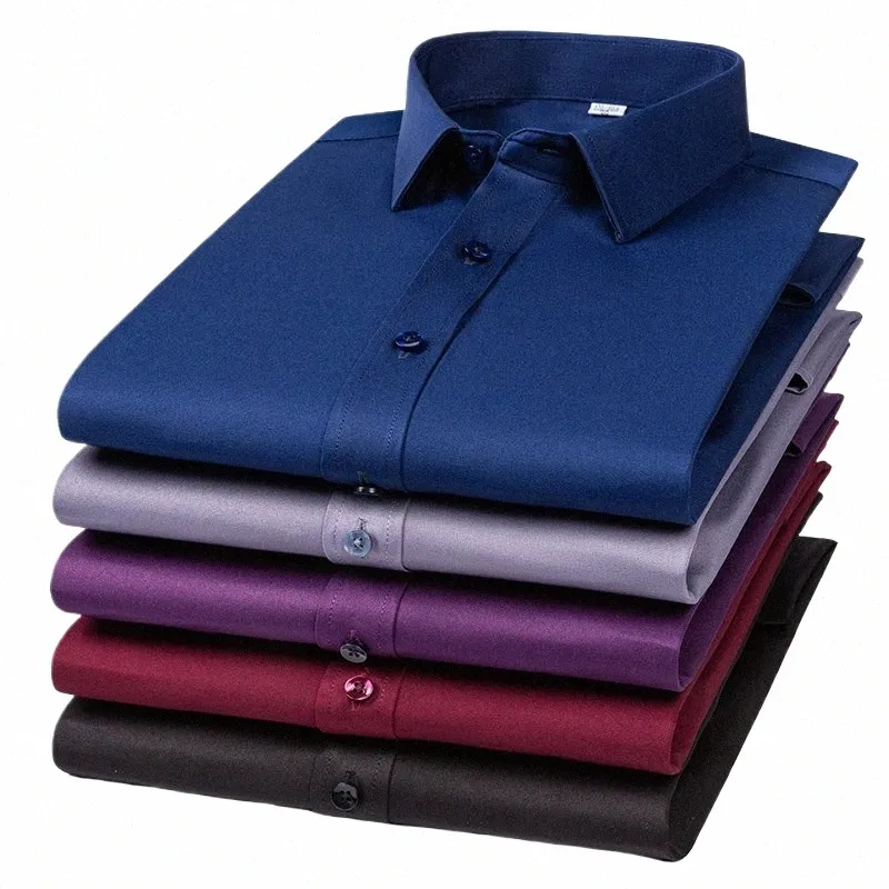 Chemise à manches LG pour hommes, élastique, anti-rides, printemps et automne, haut de bureau, doux et confortable, classique, couleur unie, q1aa #