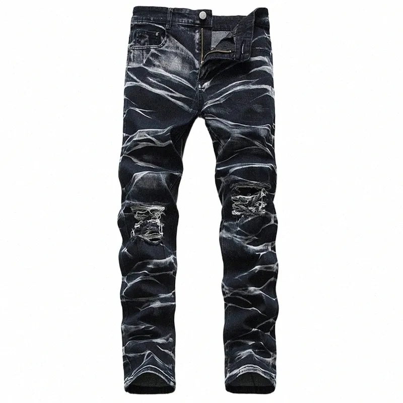 Europe Amérique Déchiré Jeans Hommes Slim Fit Bleu Clair Stretch Fi Streetwear Tie Dye Hip Hop Pantalon Denim Occasionnel Pantalon Homme D9F6 #