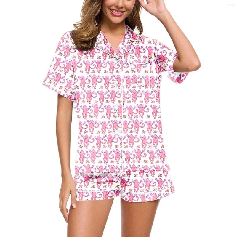 女性用スリープウェア女性サルプリントパジャマ半袖ボタン面白いグラフィックシャツパジャマセット2ピースランジェリー