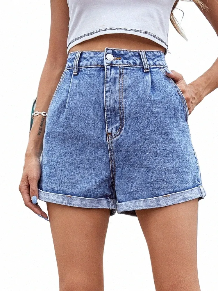 Benuynffy Solide Taille Haute Droite Jean Shorts Femmes 2024 Été Casual Streetwear Dames Poche Roulé Ourlet Denim Shorts X6fG #