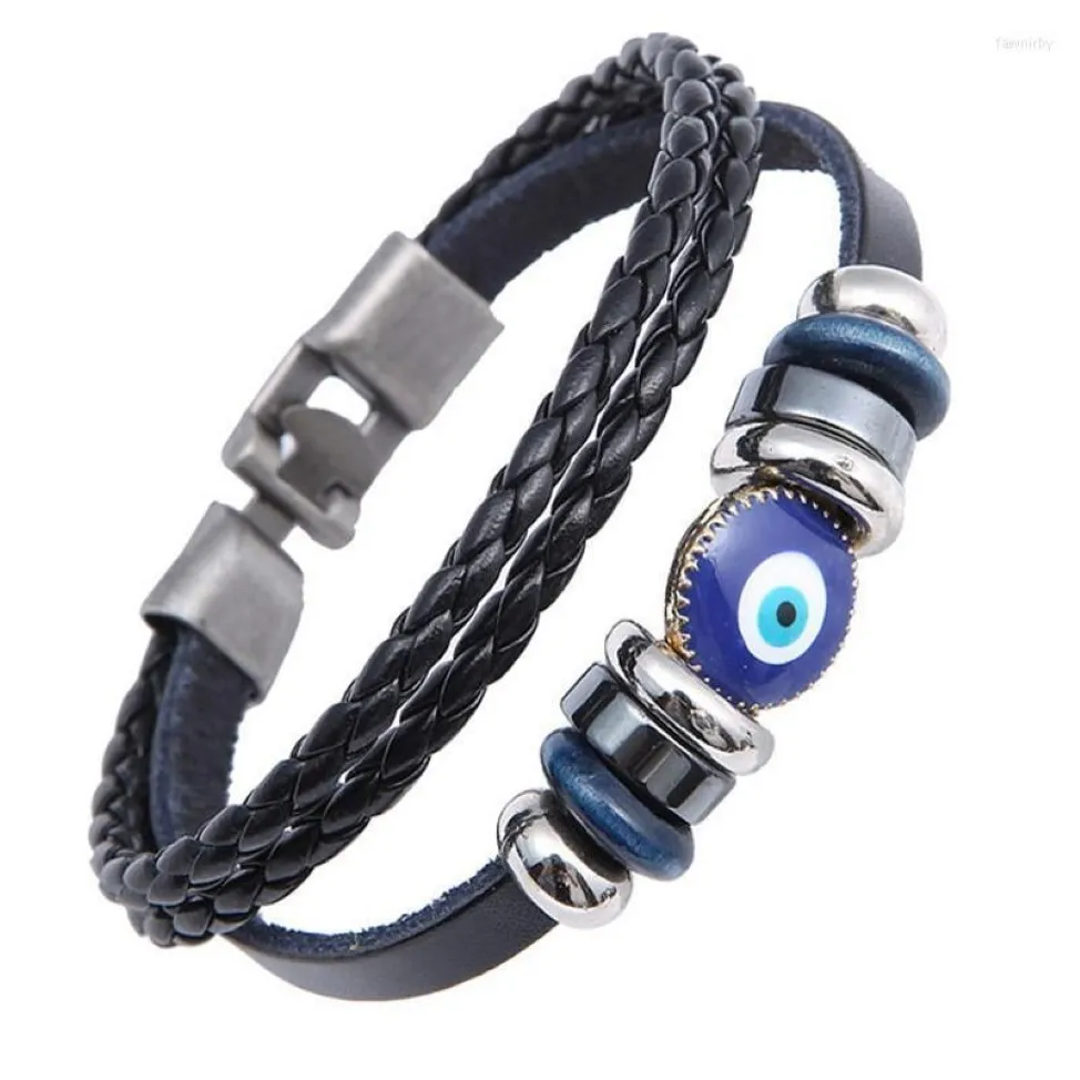 Charm-Armbänder Punk-Design Türkisches blaues Auge für Männer Frau Mode Armband geschichtetes schwarzes Lederarmband Vintage-Schmuck Fawn22295Q