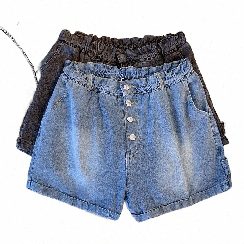 Damskie letnie dżinsowe spodenki w dużych rozmiarach Single Breaste Duże kieszonkowe styl ulicy Persality Shorts Black Blue 6xl 57cy#