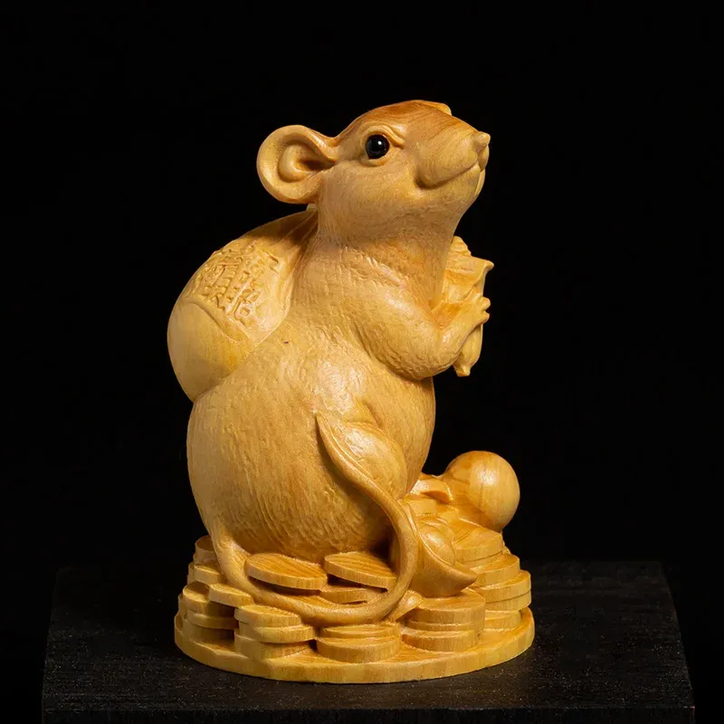 Sculptures Boxwood Statue Rich Rat Zodiac Lucky Feng Shui Living Room Decorative Wood Carving Crafts Gilding Sculpture Home Decor