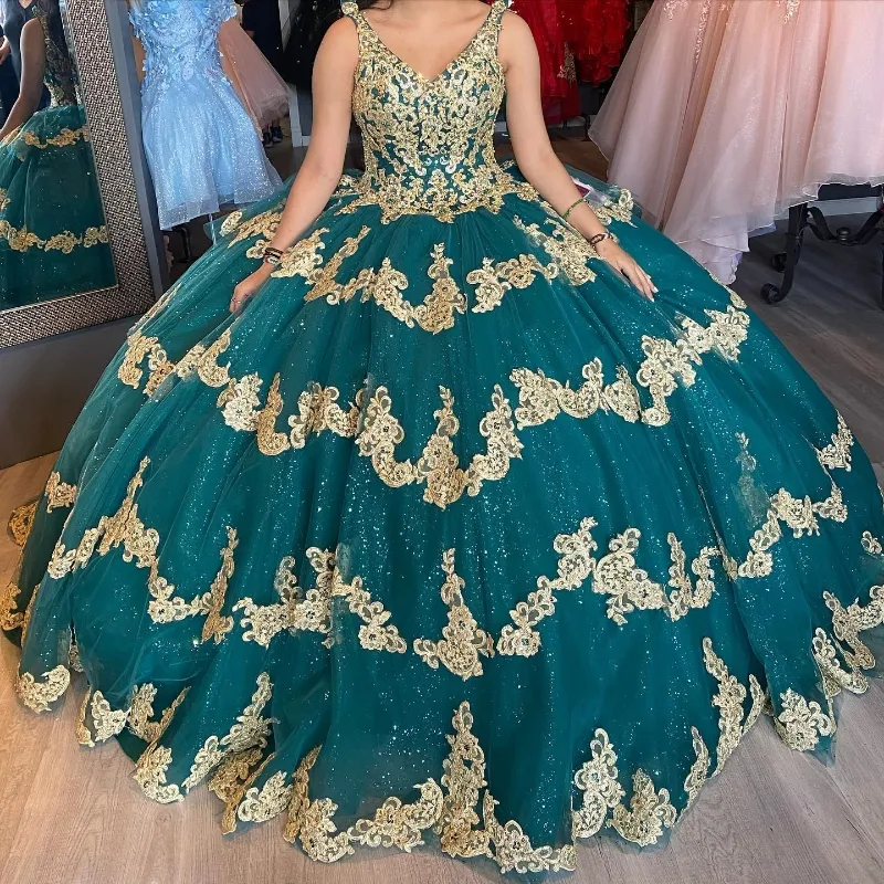 Vestido de baile verde esmeralda quinceanera, 2024, renda dourada, apliques, contas, xv, princesa, vestidos de 15 anos, aniversário, doce 16, vestido