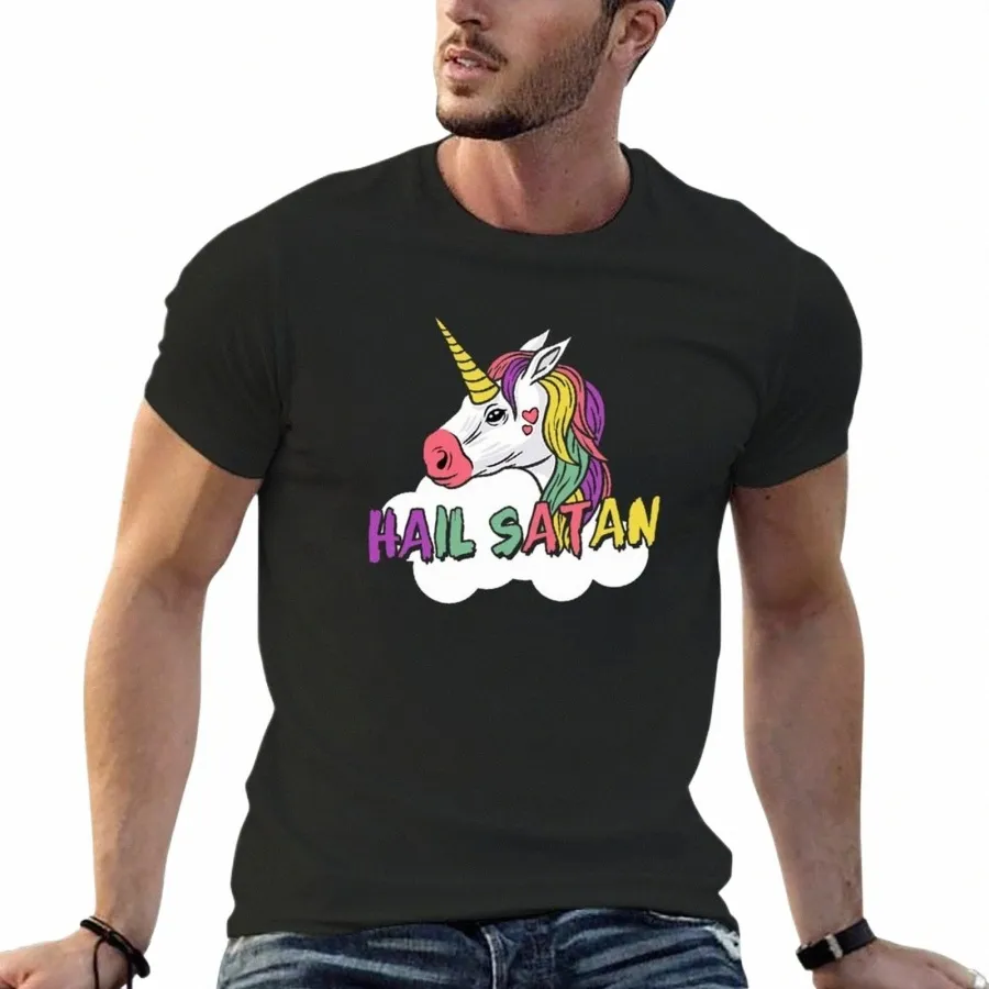 Söt Unicorn Hail Satan Pagan Pentacle T-shirt Skjortor Grafiska Tees TEE-skjorta Vanliga tungviktare Men träningskjorta R2FP#