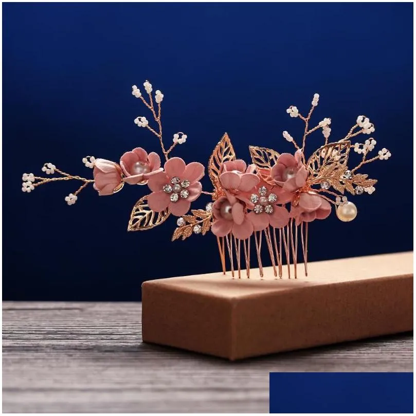 Hair Clips Barrettes Sweet Bridal Pins Luxury Blue Pink Flower Combs Headdress Prom Accessories Gold Leaves Jewelryhair Drop Delivery Otegu