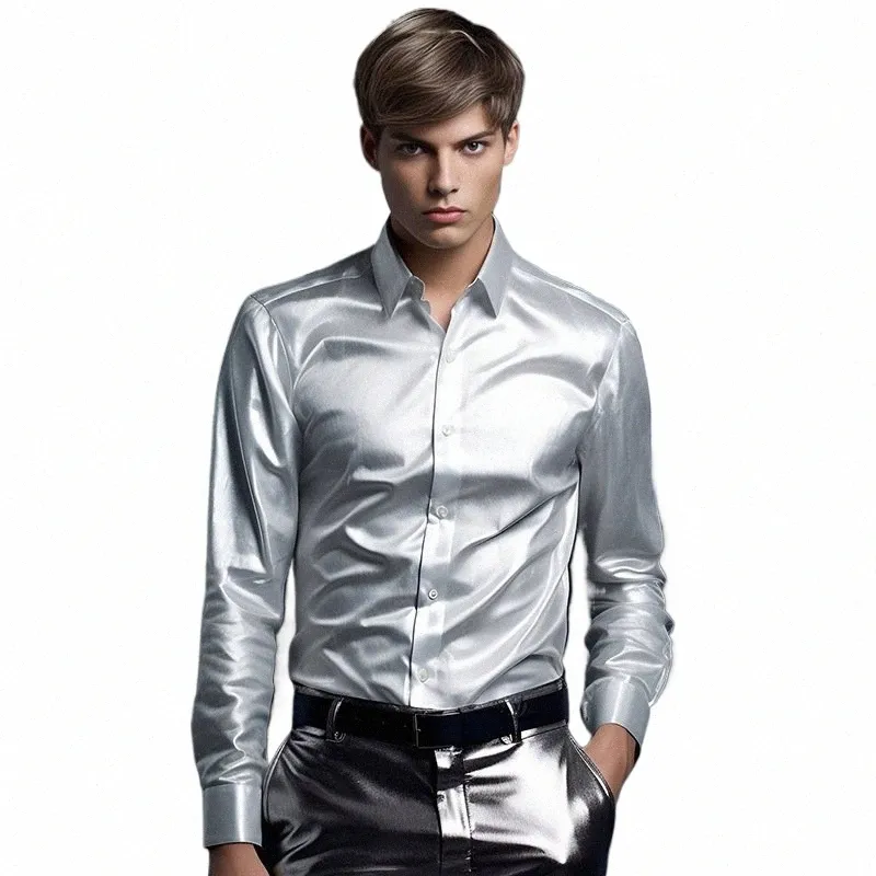 autumn Winter Men's Lg Sleeve Shirt Fi Nightclub Bright Face Busin Social Shirts For Men Blouse Clothing v24t#