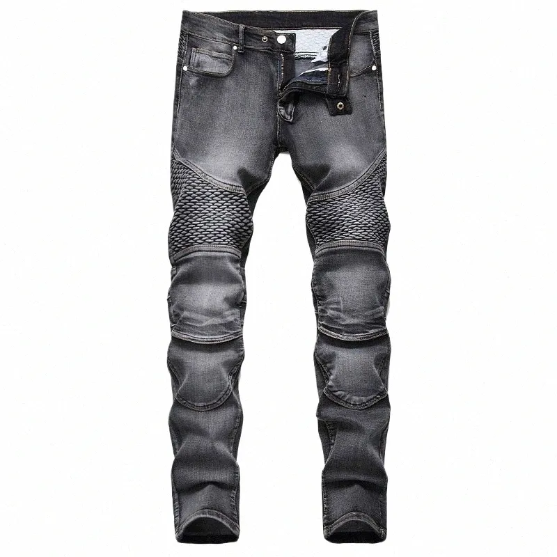 2024 Denim Pants Designer Motorcycle Bike Straight Jeans Men's Autumn Spring Punk Rock Streetwear Riding Knee Guard Pants k5F0#