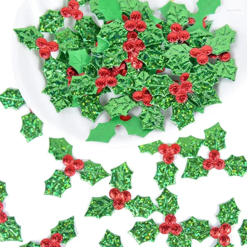 Party-Dekoration 100pcs Mini Glitter Grüne Holly Blatt Red Berry Weihnachtsschmuck Künstliche Blätter Kleber DIY Art Stoff Accessoires